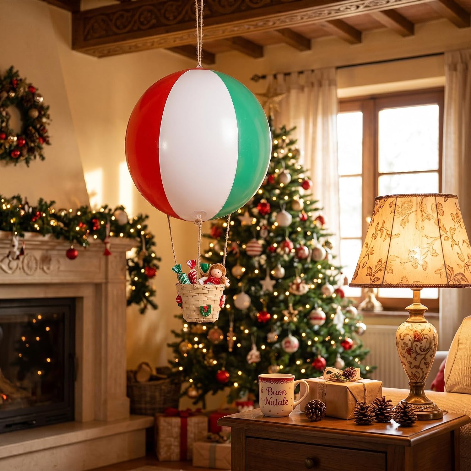 Christmas Hot Air Balloon Basket | PVC Storage Bin, For Dolls Candies, Lightweight, With Hemp Rope