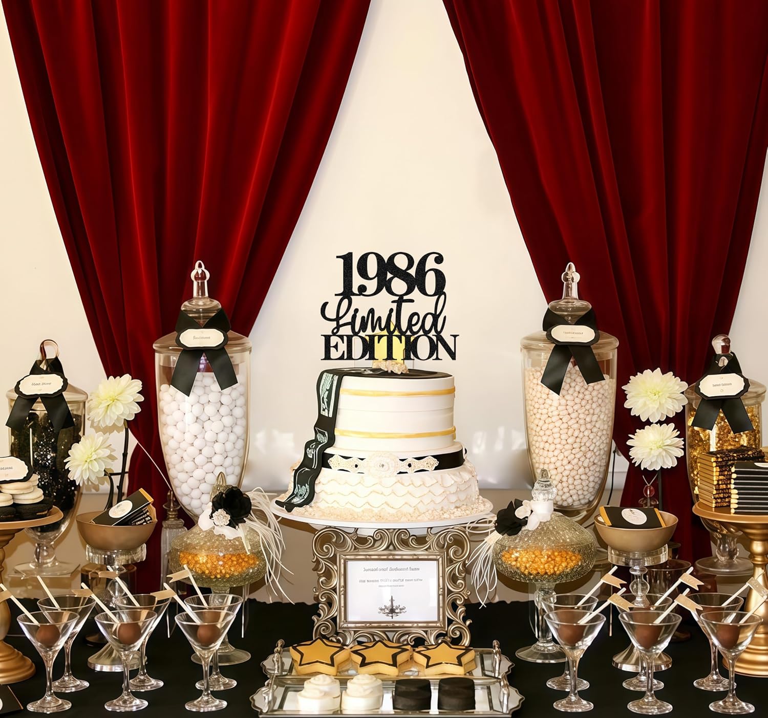 Limited EDITION 1986 Cake Topper - Black Glitter Happy 40th Birthday Party Cake Decoration Supplies, Cheer to 40 Years Cake Bunting Decor for 40th Birthday Party Photo Booth Props