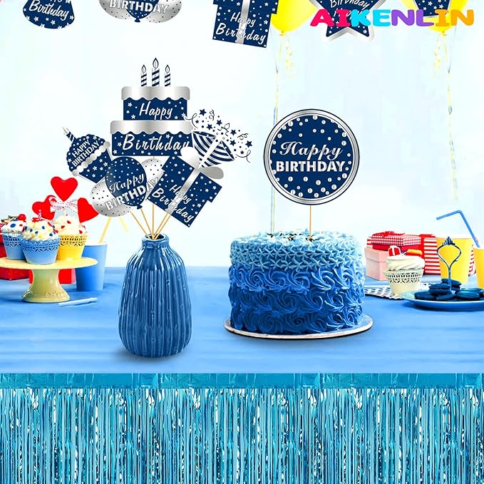 6 Pack 29x108 Inch Metallic Foil Fringe Tinsel Table Skirts Banner for Rectangle Tables Streamer Garland Curtains Backdrop for Wedding, Birthday, Parade Floats, Christmas Party Decoration(Lake Blue)