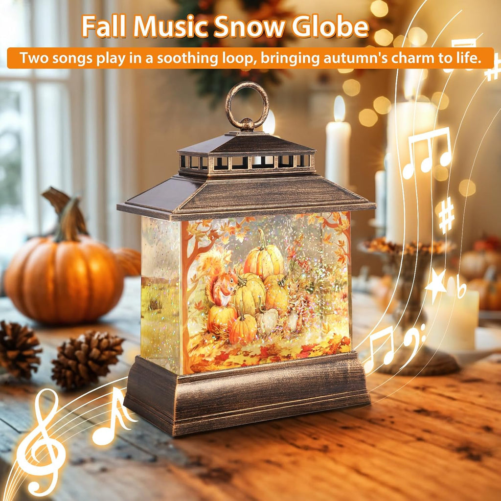 Fall Snow Globe Lantern Thanksgiving Pumpkins and Squirrels Water Lantern with Swirling Glitter 6H Timer Remote Control Fall Decorations for Home Thanksgiving Autumn Harvest (Pumpkin and Squirrel)