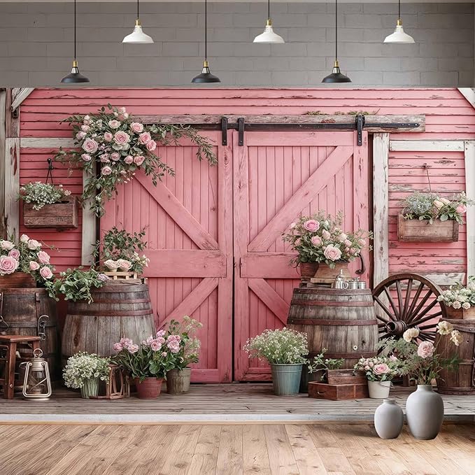 20x10ft Country Wedding Pink Photography Backdrop Rustic Wooden Door Photography Backdrop Farmhouse Flower Western Girl Birthday Baby Shower Wedding Bridal Party Banner Photo Booth Props Background