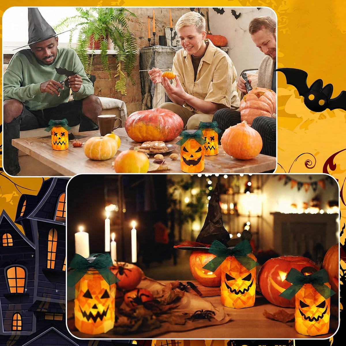 Qinyoung 12 Pcs Halloween Jack-o-lantern Crafts Pumpkin Mason Jars with LED