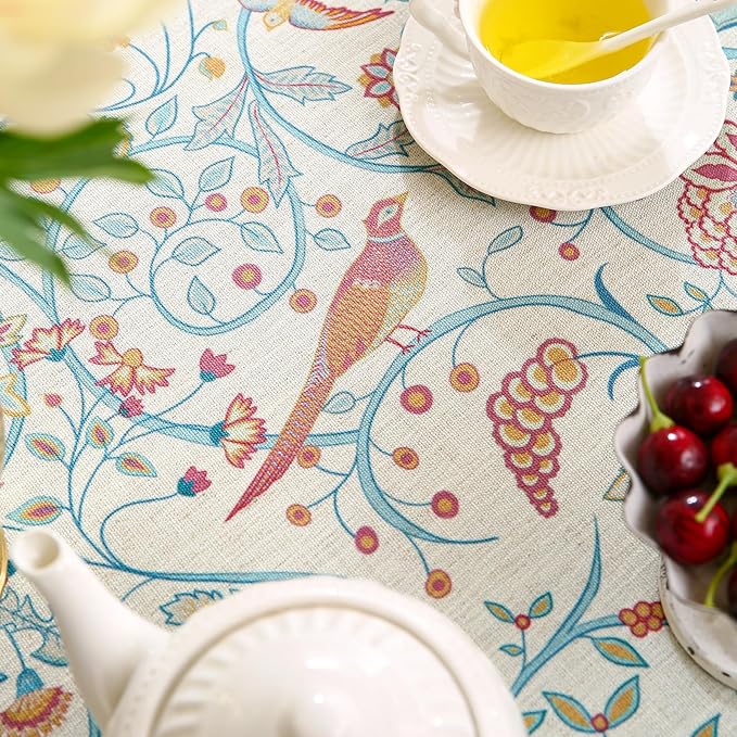 patdrea Designer Vintage Tablecloth for Round Table,Yellow Linen Floral Birds Tablecloths,Decorative Table Cover for Kitchen Dining Holiday Banquet,Christmas,Thanksgiving,Diameter 55"-Magnolia