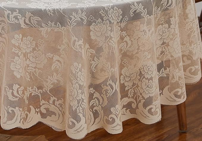 LinenZone Linen Round Tablecloth for Rustic Vintage Decor. Sheer Lace Tablecloth Works Great As Wedding, Thanksgiving or Christmas Decor (Mia 90 Round, Linen)