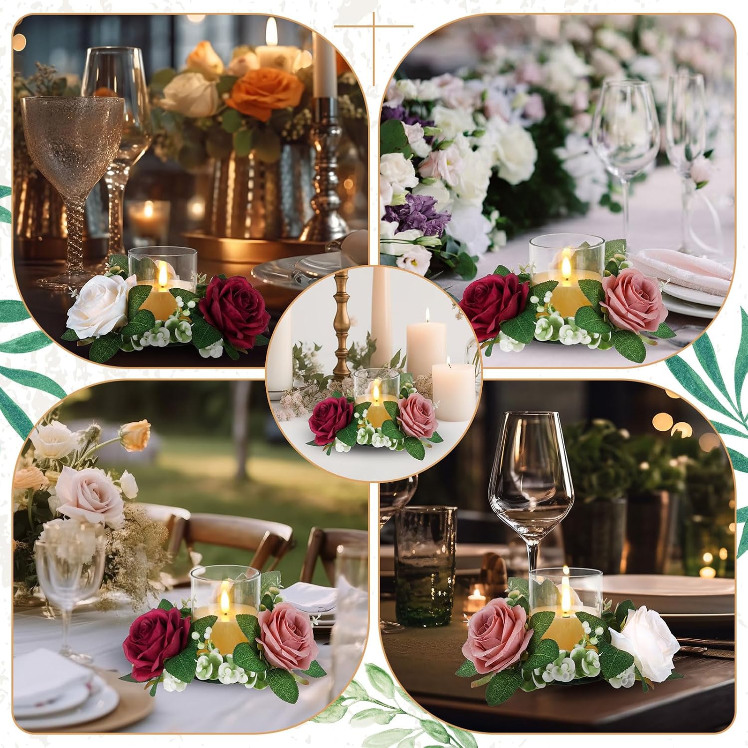 Yunlly 12 Pcs Rose Candle Rings with Flameless Candles Sets, Artificial Flower Eucalyptus Wedding Centerpiece 3 Inch Pillar Candleholders Wreaths for Wedding Party Mother's Day (Red，Pink，White)