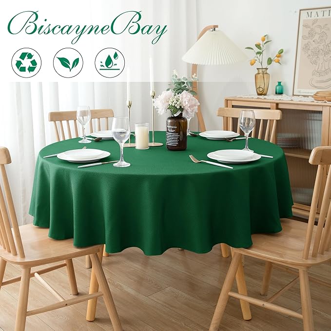 Biscaynebay 6 Pack Textured Fabric Round Tablecloths 60", Hunter Green Water Resistant Tableclothes Small Circle Folding Table Covers Linen for Dining, Kitchen, Wedding, Parties etc Machine Washable