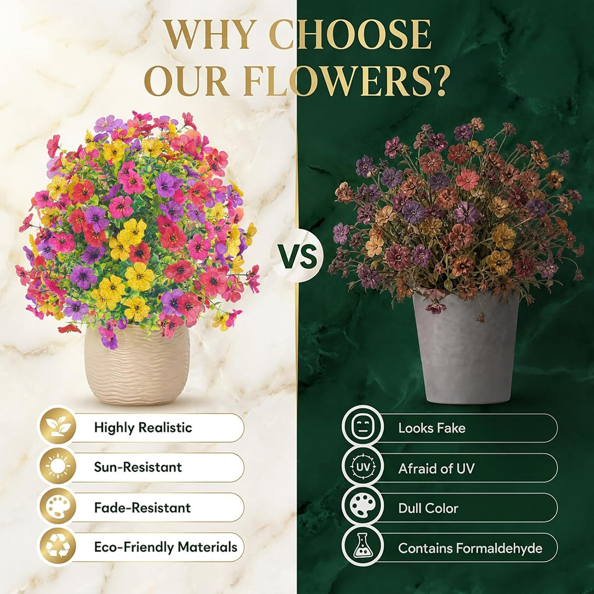 22 inch artificial flowers and shrubs with stakes, side view