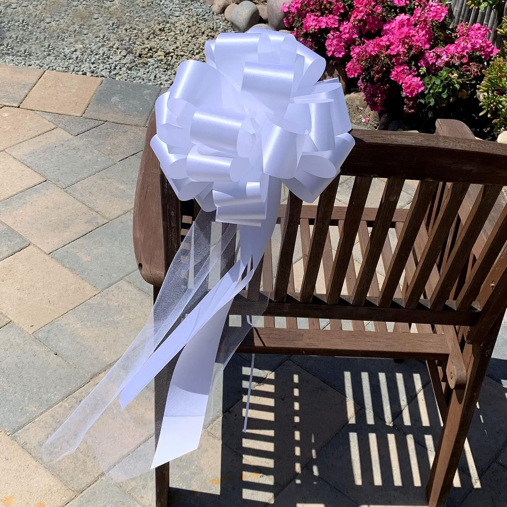 Large White Wedding Pull Bows with Long Tulle Tails - 9" Wide, Set of 6, 4th of July, America 250 Anniversary, Wedding Pew Bows, Mother's Day, Aisle Decor, Reception, Wreath, Anniversary, Graduation