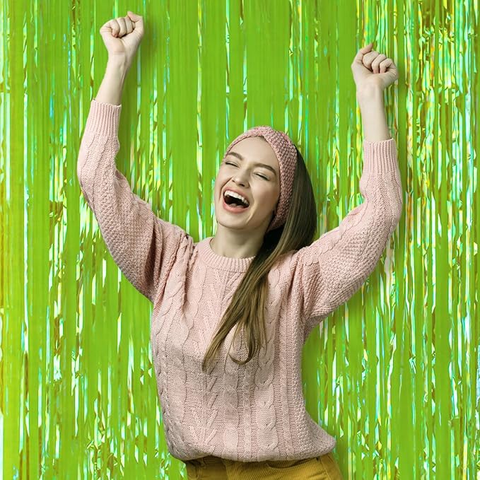 2 Pack Green Iridescent Tinsel Foil Fringe Curtains, Neon Party Decorations, Metallic Tinsel Party Streamers Backdrop for Birthday Baby Shower Halloween Wedding Party Decorations