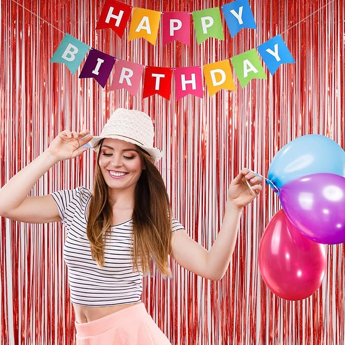 Foil Fringe Curtains Party Decorations - Melsan 3 Pack 3.2 x 8.2 ft Tinsel Curtain Party Photo Backdrop for Birthday Party Baby Shower or Graduation Decorations (Pure red)