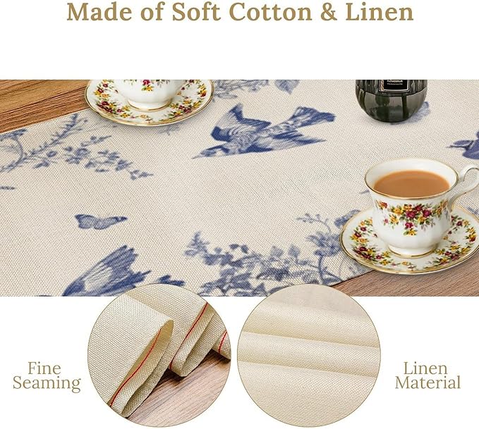 Monochrome Sketch Flowers Bird Table Runner, Seasonal Spring Fall Plants Blue Florals Dinner Runner for Home Kitchen Dining Table Party Holiday Decoration 13"x90"
