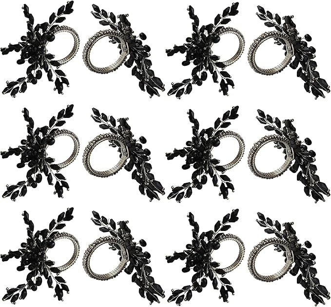 Napkin Rings Set of 12 for Dining Table Decoration Parties Everyday Metal Napkin Holder Leaf Black (Pack of 12)