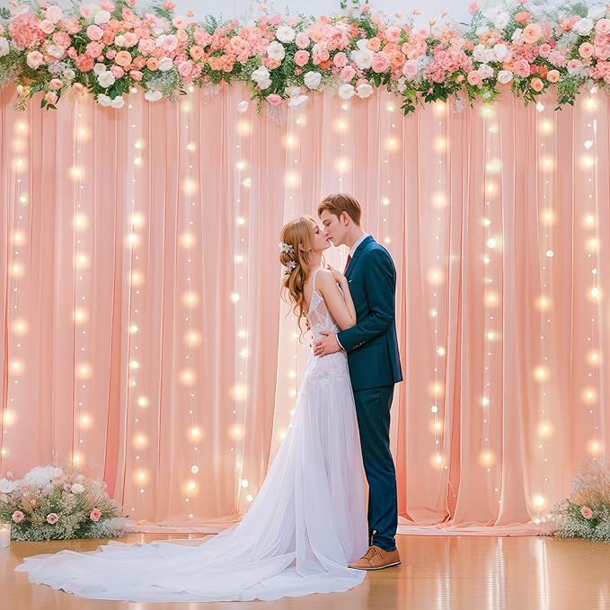 10ft x 7ft Baby Pink Chiffon Backdrop Curtain with Lights String for Parites Wedding Wrinkle Free Curtain Photo Backdrops Drapes for Baby Shower Birthday Party Home Decorations