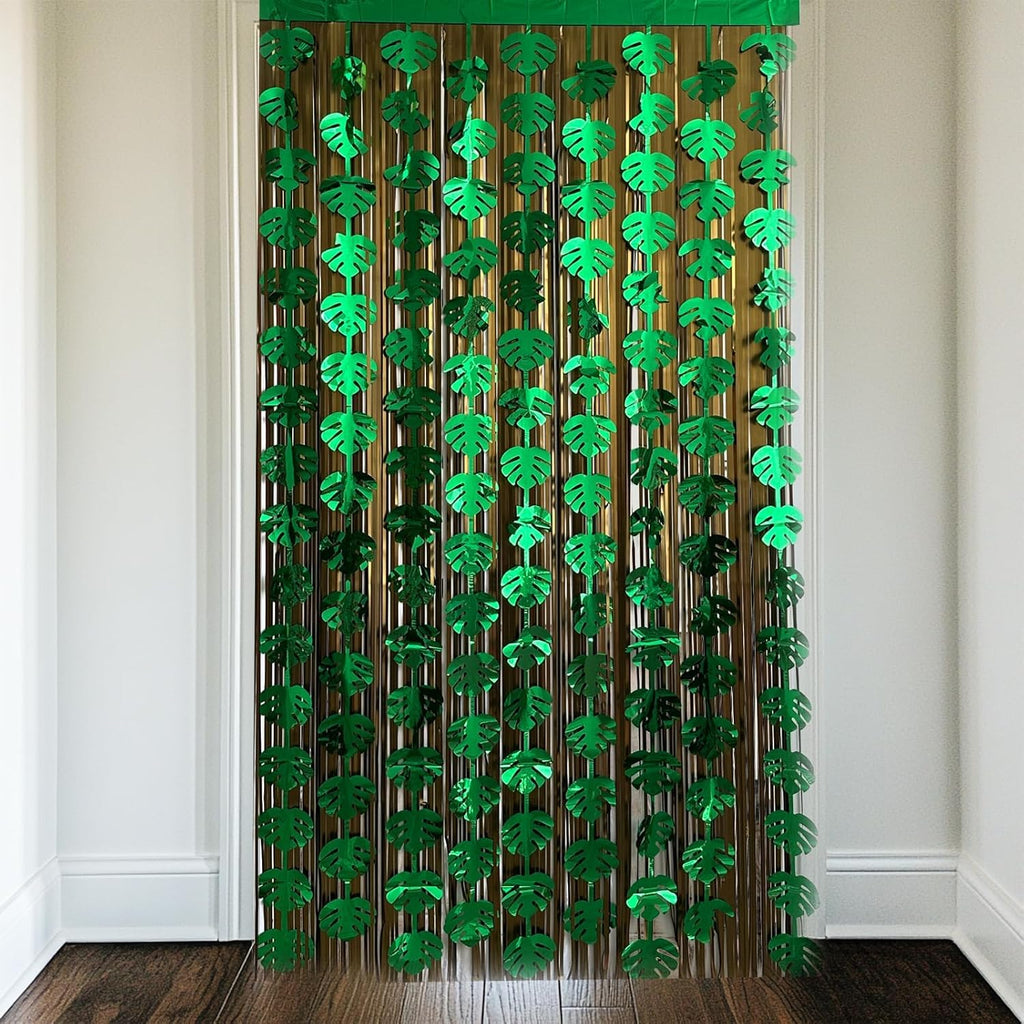 OQOQ Hawaiian Decorations Tinsel Foil Fringe Curtains (4 Pcs) - 3.3x6.6 Ft Dark Gold and Green Tropical Leaves Tinsel Curtains for Summer Jungle Aloha Luau Party Decor Photo Booth Prop Backdrop
