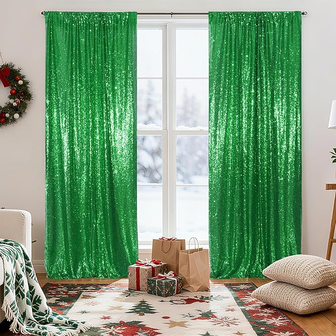 Poise3EHome Green Sequin Backdrop Curtain, 2 Panels 2FTx8FT Glitter Background for Party Halloween Birthday Party Baby Shower Wedding Christmas Thanksgiving Holiday Festival Decor