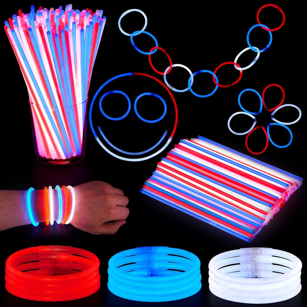JOYIN 72 Pcs 4th of July Glow Sticks with connectors, Red White Blue Glow in the Dark Bracelets for Kids Adults, Patriotic LED Light Up Toys for Independence Day, Memorial Day, Party Favors