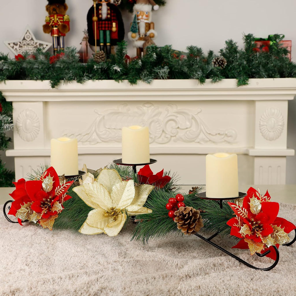 Joliyoou Christmas Tabletop Centerpieces, 17.5" L Christmas Poinsettia Candle Holder with 3 Battery Operated Light Up Candle Lights, Metal Candelabrum for Xmas Holiday Table Mantel Decoration