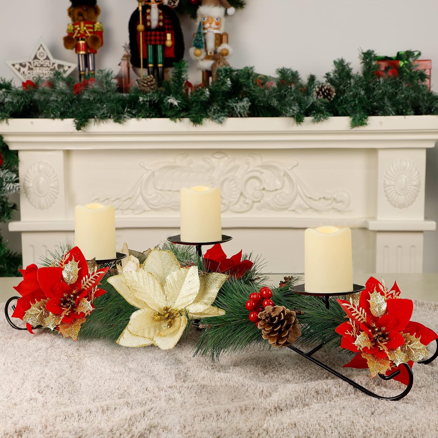 Joliyoou Christmas Tabletop Centerpieces, 17.5" L Christmas Poinsettia Candle Holder with 3 Battery Operated Light Up Candle Lights, Metal Candelabrum for Xmas Holiday Table Mantel Decoration
