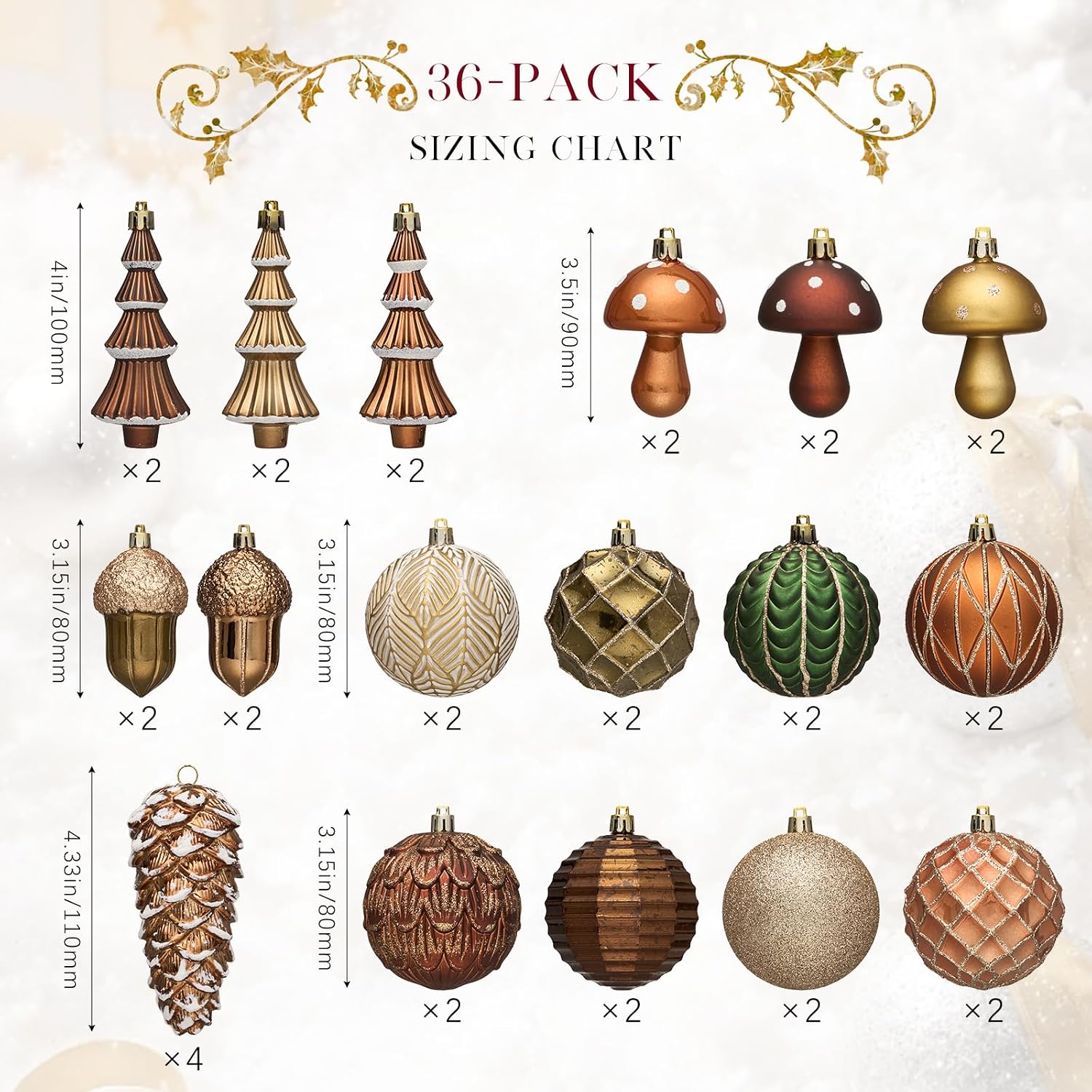 JORNOY Christmas Ornaments for Tree, Shatterproof Plastic Hanging Bulbs Set Decorations for Xmas Holiday Party with Lanyard, 36 Pack, Earth Tone