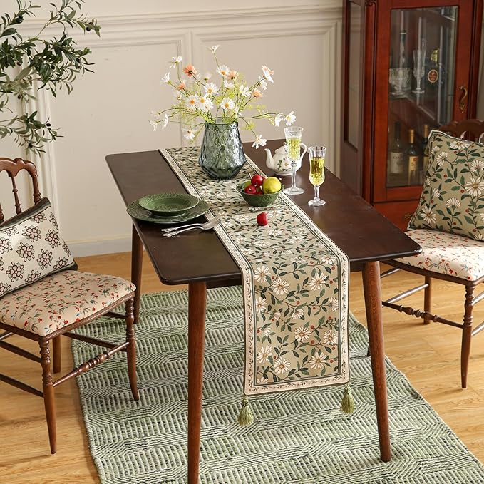 ISAENNE Designer Green Elegant Linen Extra Long Table Runner 118 Inches,Flower and Leaves Pattern Wrinkle Resistant Table Runners for Dining Tables,Thanksgiving,Kitchen Tables,Christmas,12"*118"-Brune