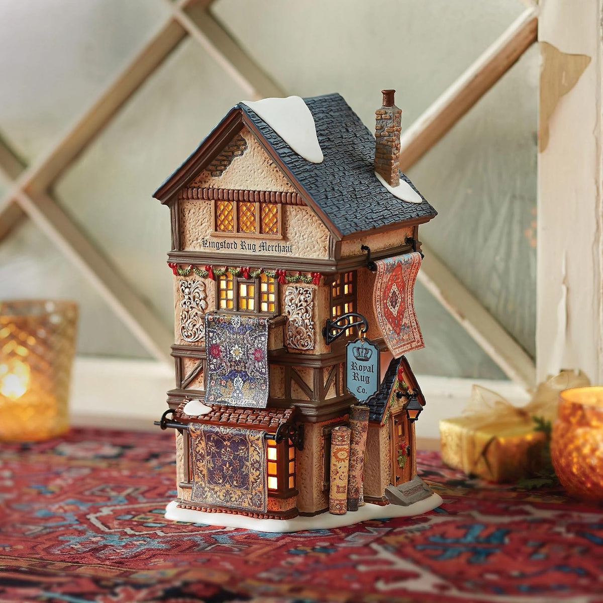 department 56 dickens village kingsford rug merchant shop, close-up detail