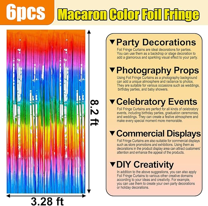 6 PackRainbow Foil Fringe Curtain Backdrop, 3.28Ft x 8.2Ft Metallic Tinsel Foil Fringe Streamer Curtains for Photo Booth, Birthday, Wedding, New Year Party Decorations