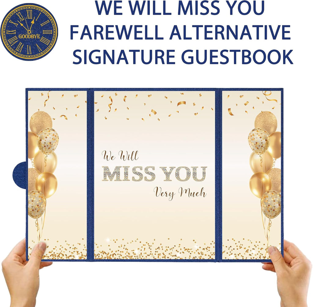 DARUNAXY Blue Gold Farewell Party Decorations, We Will Miss You Very Much Alternative Signature Guest Book for Men Women Going Away Gifts Signing Card Board for Retirement Graduation Party Supplies