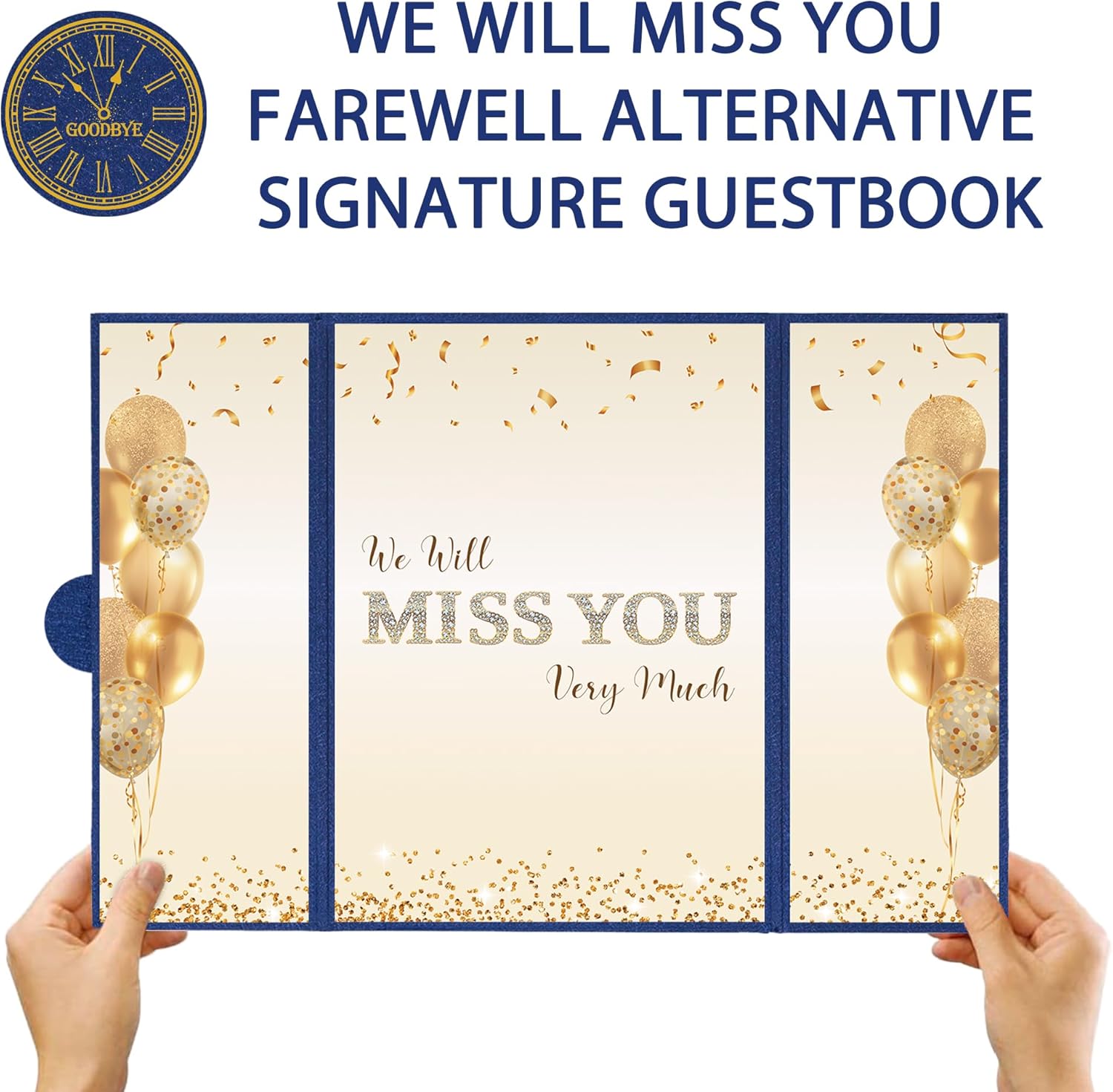 DARUNAXY Blue Gold Farewell Party Decorations, We Will Miss You Very Much Alternative Signature Guest Book for Men Women Going Away Gifts Signing Card Board for Retirement Graduation Party Supplies