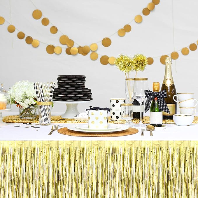 3 Pack 29x108 Inch Light Gold Foil Fringe Table Skirts Metallic Banner for Tinsel Streamer Garland Backdrop for Parade Floats Wedding Thanksgiving Birthday Christmas Halloween Party Decoration
