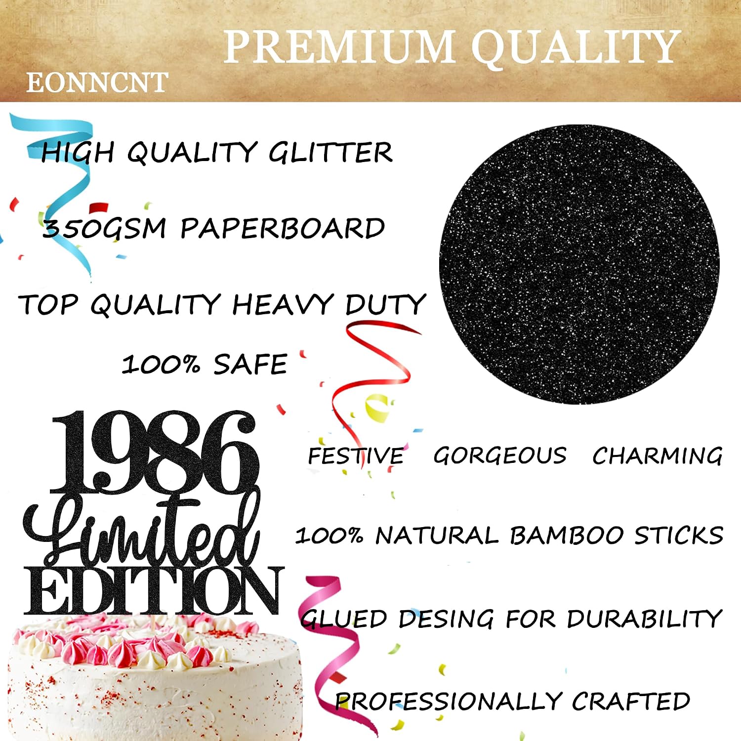 Limited EDITION 1986 Cake Topper - Black Glitter Happy 40th Birthday Party Cake Decoration Supplies, Cheer to 40 Years Cake Bunting Decor for 40th Birthday Party Photo Booth Props