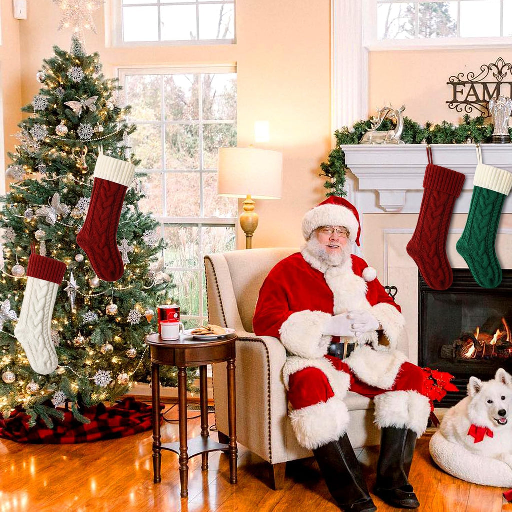 Christmas Stockings 18 Inches Classic Cable Knitted Set Large Classic Fireplace Hanging Stockings for Kids,Family Stocking Holiday Party Xmas Decoration（Red White,4Pack）