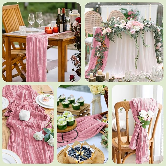Asee'm 2pcs Cheesecloth Table Runner 120 Inches Long Pink Boho Gauze Cheese Cloth Runner 10FT Rustic Sheer Table Runners for Christmas Wedding Party Baby Shower Spring Easter Decoration