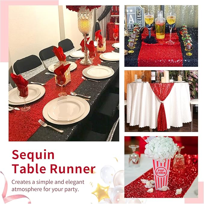 Red Table Runners 10 Packs 12x108 Inch Glitter Sequin Table Runners for Birthday Party Bridal Shower Banquet Wedding Table Decorations