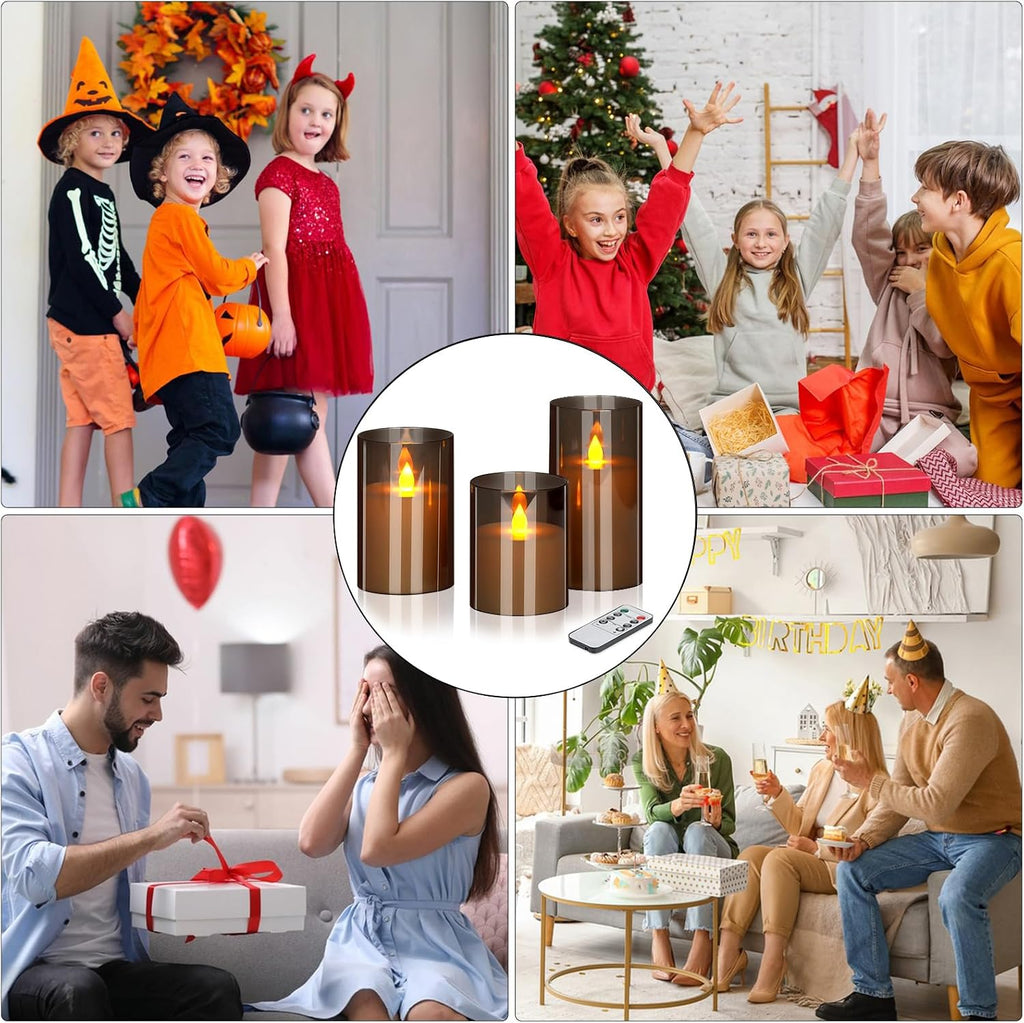 wemarry Flameless Candles 4" 5" 6" Acrylic Glass Pillars 3" Diameter Battery Operated Flickering Candles Include 8-Key Remote with Timer Function 400+ Hours (Gray, Warm Light 3 Pack)