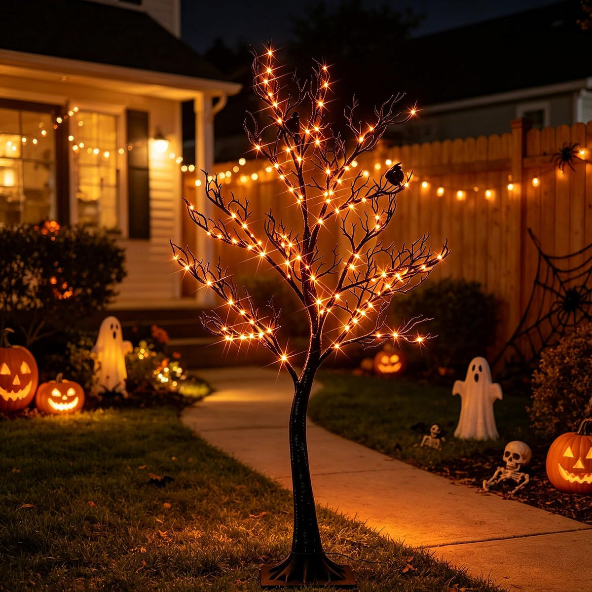 Hairui Lighted Halloween Tree with 150 Orange Fairy Lights 4FT, Spooky Black ...