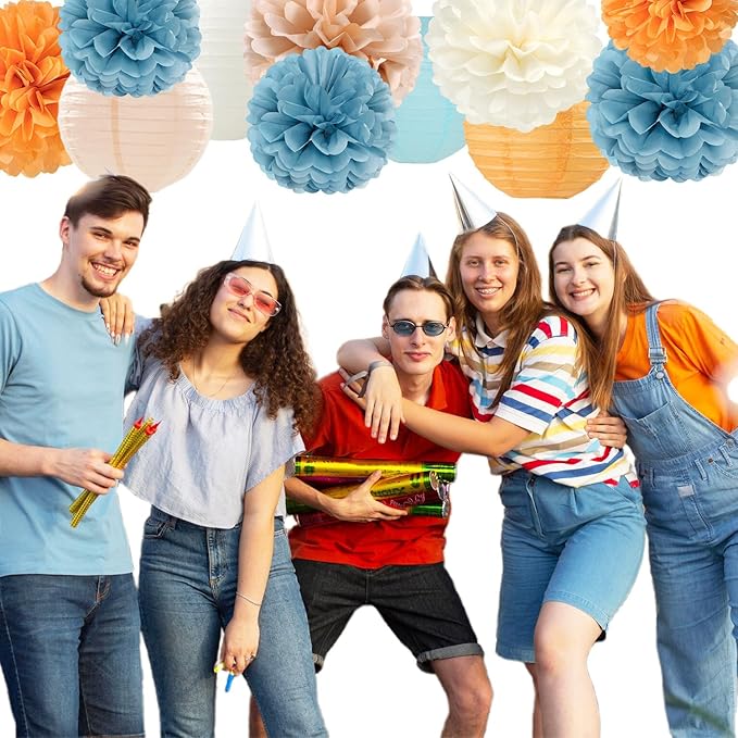 Dusty-Blue Orange Party-Decorations Paper-Flowers Lanterns - 15pc Boho Fall Peach Beige Tissue Pom Poms Streamers,Birthday Bachelorette Bridal Baby Shower Engagement Wedding Graduations Decor Panduola