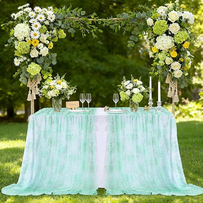 Light Green Lace Tablecloth Sheer Table Fabric 2pcs 60x120 Inch for Scary Movies Rustic Wedding Bridal Shower Party Decoration Rectangle Overlay Vintage Embroidered Reception Table Cloth Decor