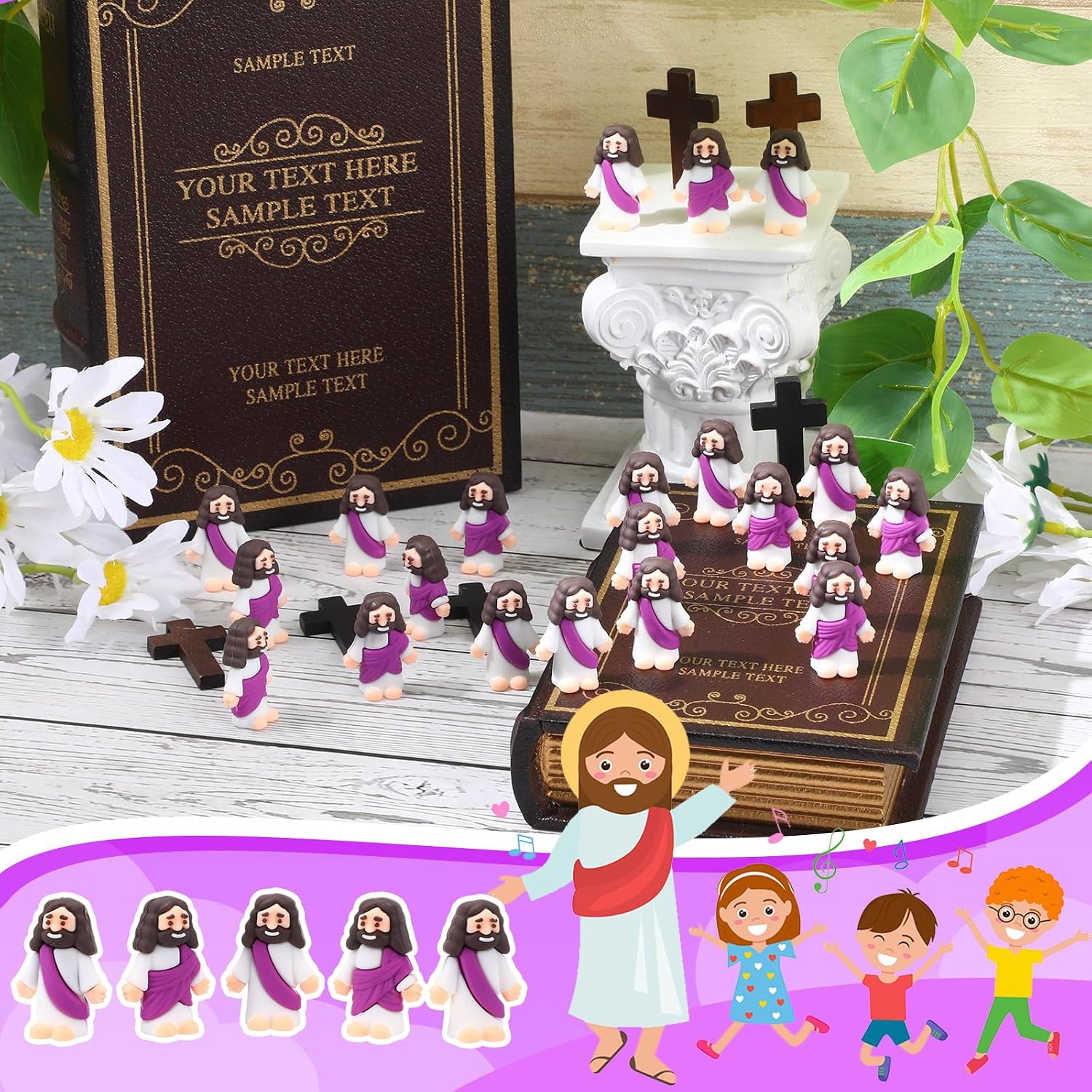 Bememo 300 Pcs Little Jesus Figures Bulk Original Design Mini Pocket Jesus Rubber Figurine to Hide and Seek Religious Party Favors Baptism Gifts(Purple)