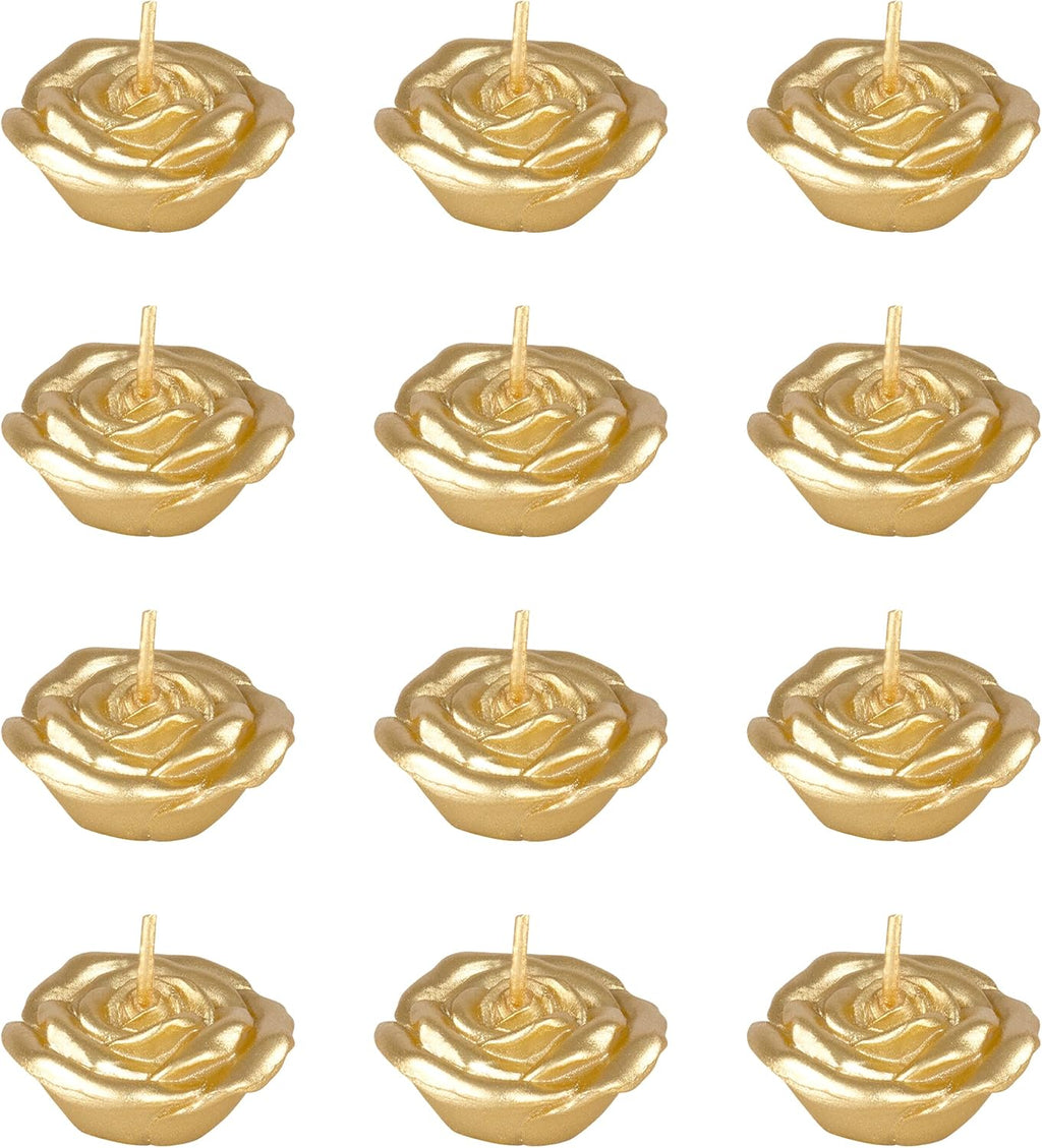 Mega Candles 12 pcs Unscented Rose Petals Flower Gold Floating Candles, Hand Poured Wax Candle 1.5 Inch Diameter, Home Décor, Wedding Centerpieces, Holidays, Occasions, Events, Festivities