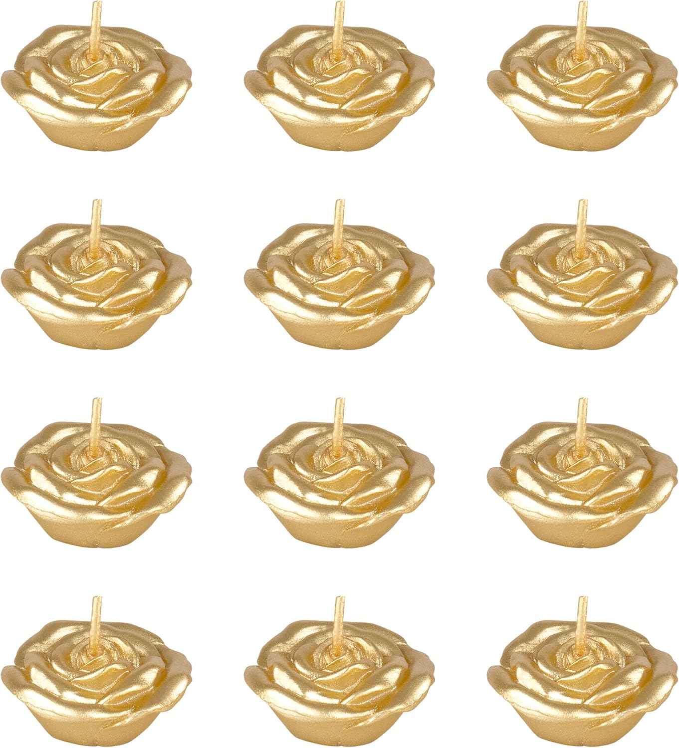 Mega Candles 12 pcs Unscented Rose Petals Flower Gold Floating Candles, Hand Poured Wax Candle 1.5 Inch Diameter, Home Décor, Wedding Centerpieces, Holidays, Occasions, Events, Festivities