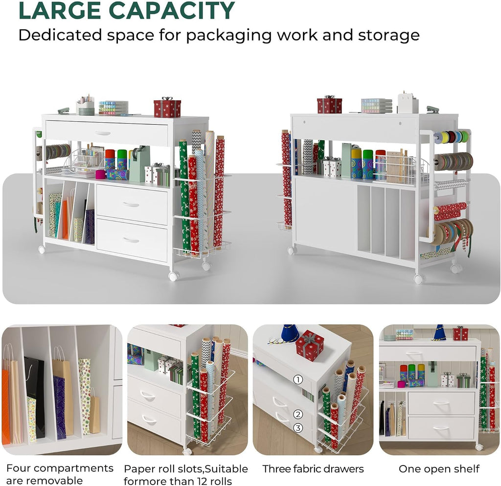 Wrapping Paper Storage & Organizer, Craft Cart with Ribbon & Gift Bag Storage, Wrapping Paper Organizer Holder(3 Wooden Drawers-White)
