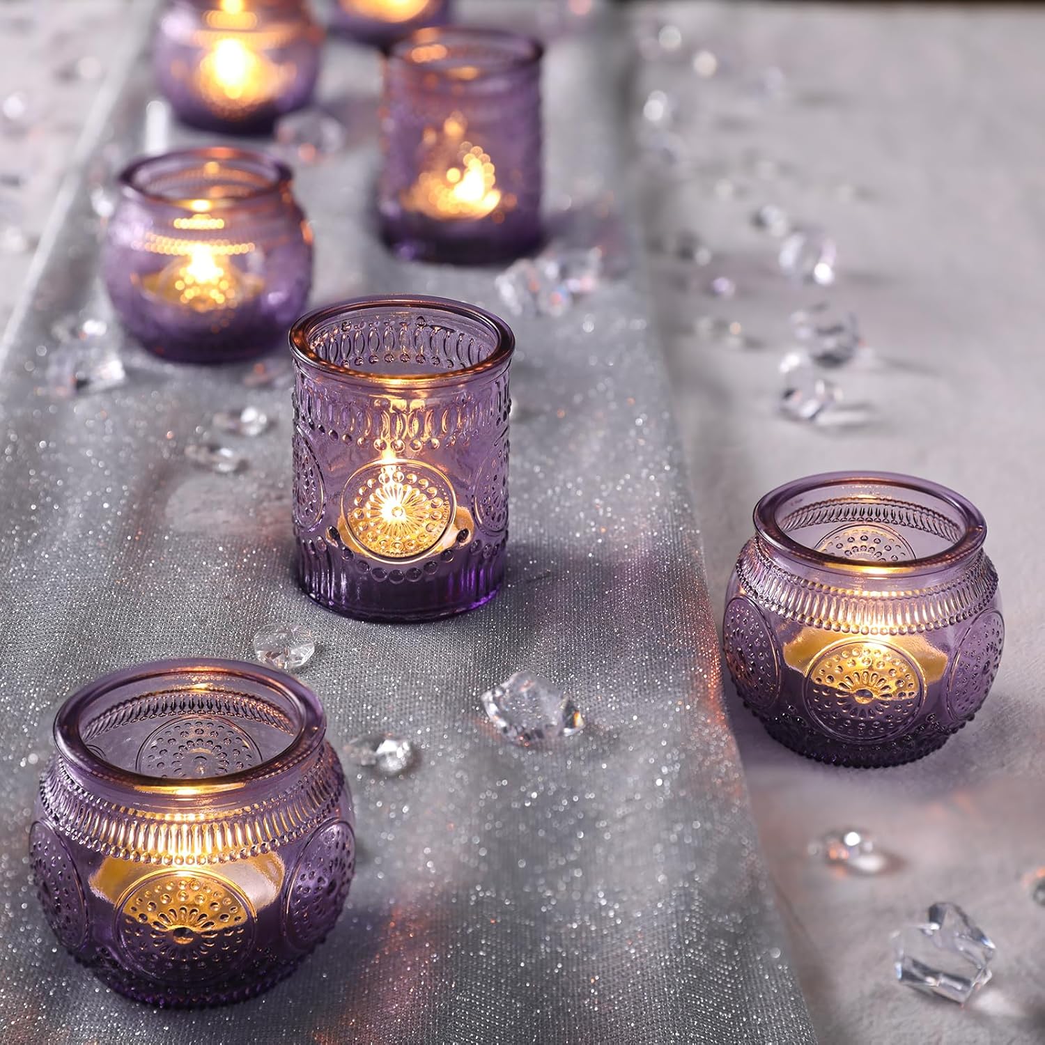 30pcs Assorted Purple Votive Candle Holders for Wedding Decorations, Boho Glass TeaLight Candle Holder, Wedding Table Centerpieces, Bridal Shower Decorations, Retro Purple Party Decor, Party Favors