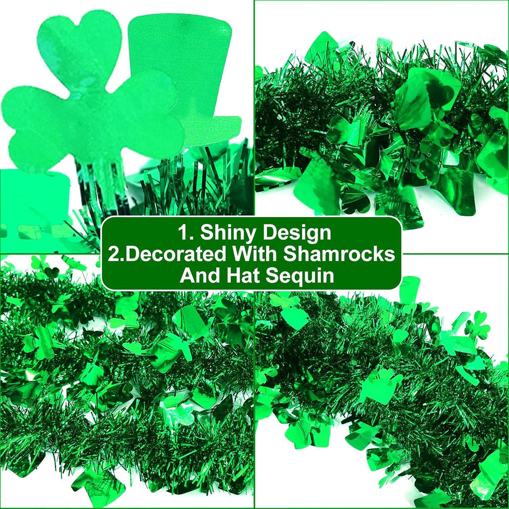 TURNMEON 3 Pack Total 49.2 Ft St.Patrick's Day Tinsel Garlands Decorations DIY Shamrocks Wreath for Front Door Irish Leprechaun Hat St.Patrick's Day Decorations Outdoor Indoor Home,16.4Ft by 4.3" Each