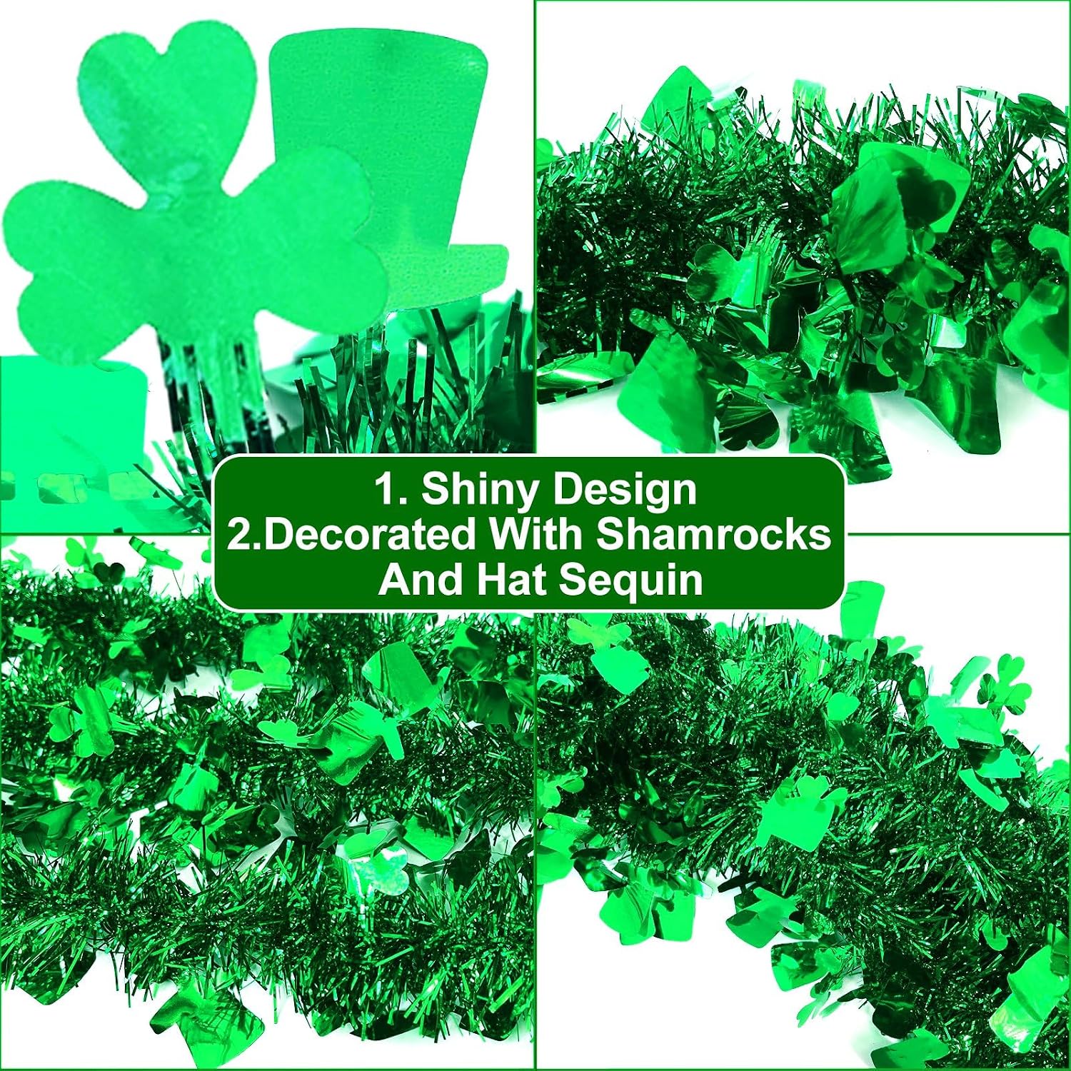 TURNMEON 3 Pack Total 49.2 Ft St.Patrick's Day Tinsel Garlands Decorations DIY Shamrocks Wreath for Front Door Irish Leprechaun Hat St.Patrick's Day Decorations Outdoor Indoor Home,16.4Ft by 4.3" Each