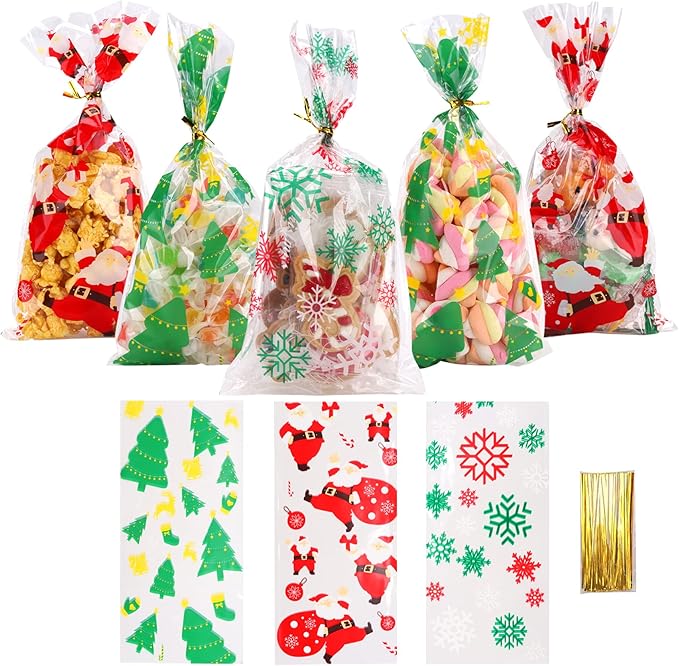 LOKIQNG 150PACK Christmas Cellophane Bags Treat Cookie Gift Bags with Twist Ties for Christmas Party Favors(150PACK, 5x10inch)
