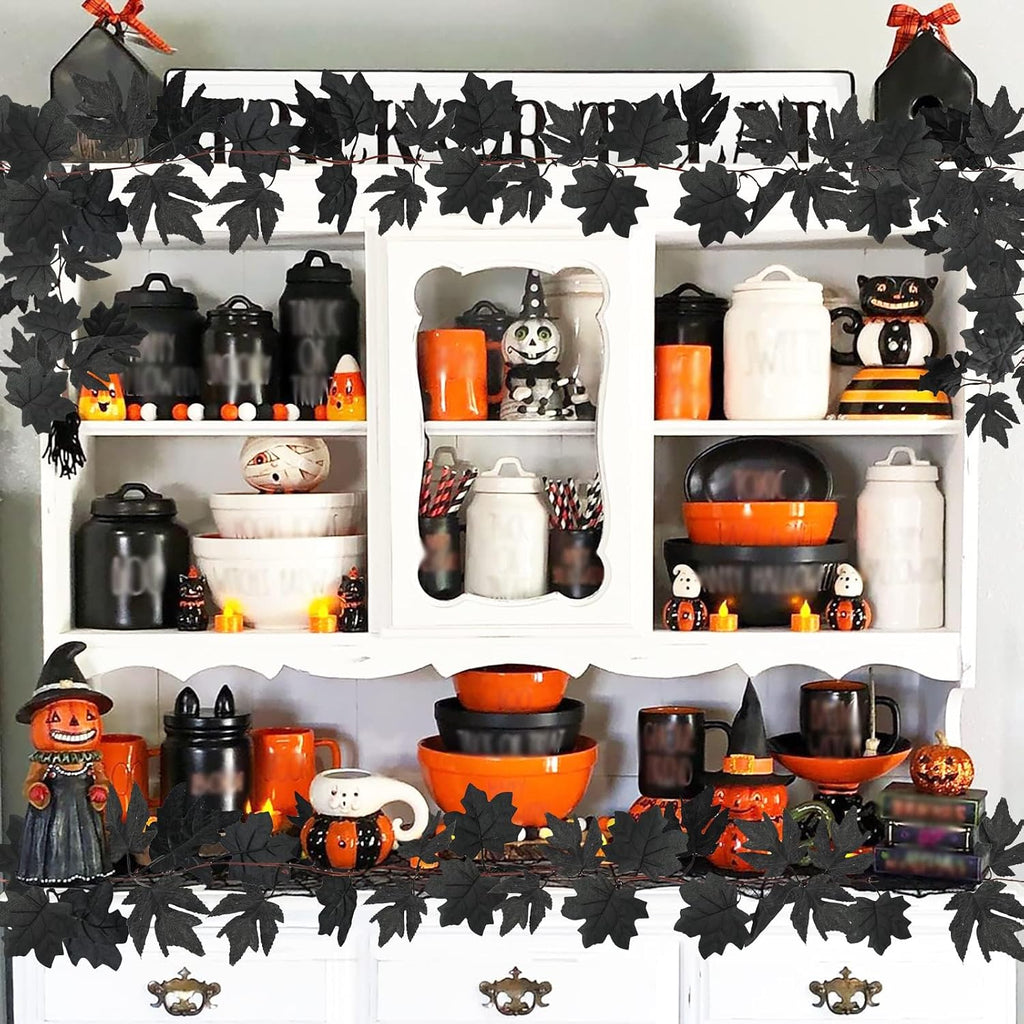 obbsie 8 pack 7.8ft black maple leaf garland on a desk or shelf