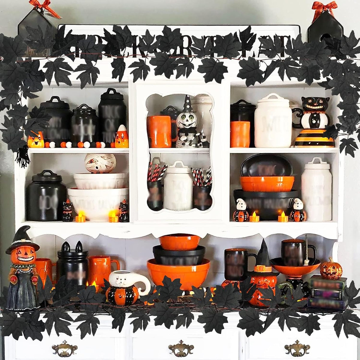 obbsie 8 pack 7.8ft black maple leaf garland on a desk or shelf