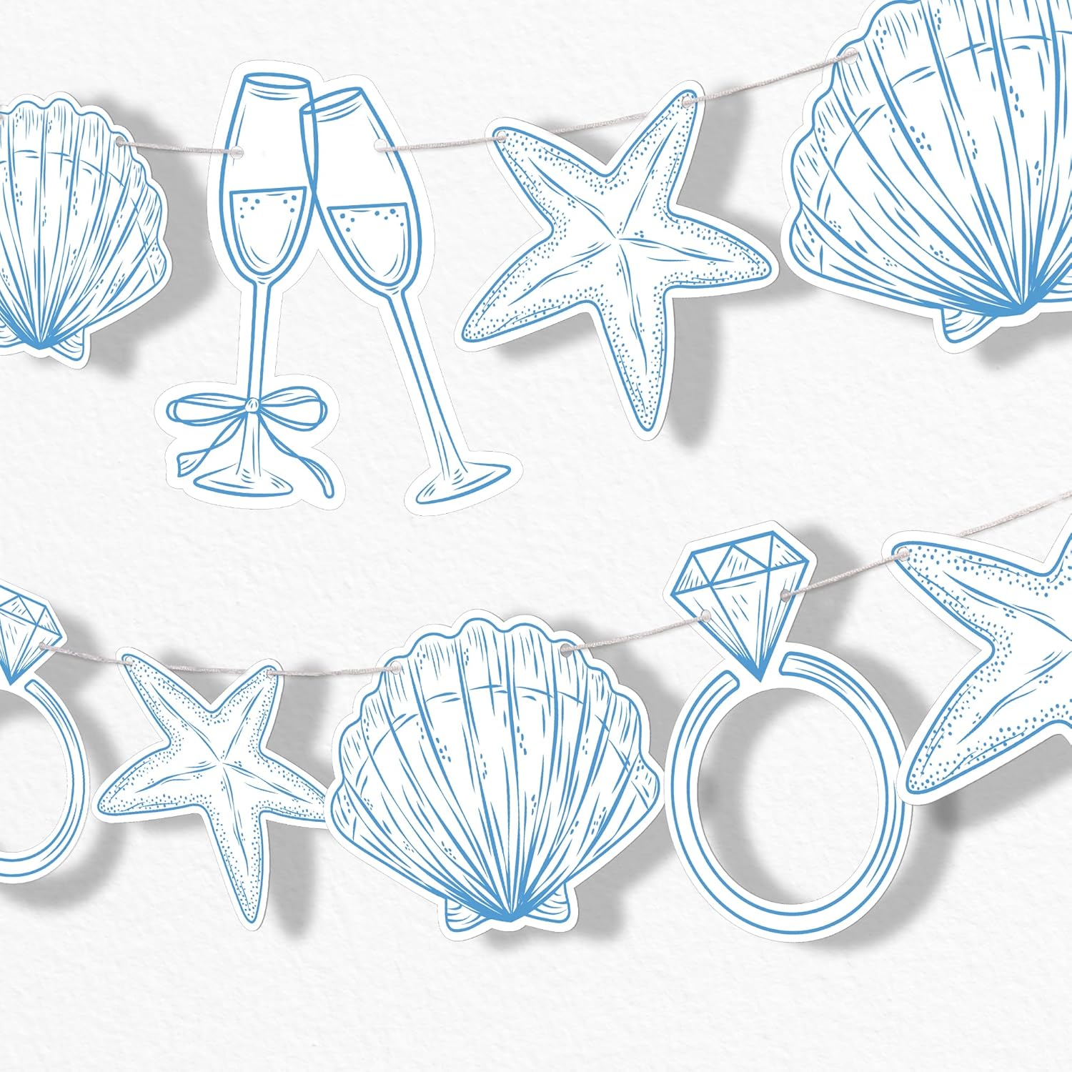 Big Dot of Happiness Last Toast on The Coast Banner, Beach Bridal or Bachelorette Party Decor, 30 Feet of Cord, 15 Double-Sided Seashells, Champagne Glasses, Wedding Ring Shaped Pieces