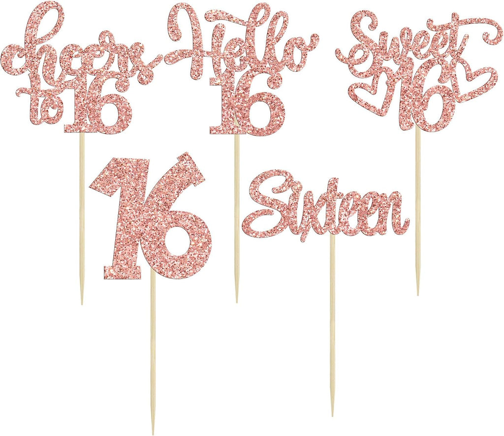 30Pcs 16th Birthday Cupcake Toppers Sixteen Happy 16th Cupcake Picks Cheers to 16 Sweet 16 Cake Decorations for Anniversary Party Supplies Rose Gold Glitter