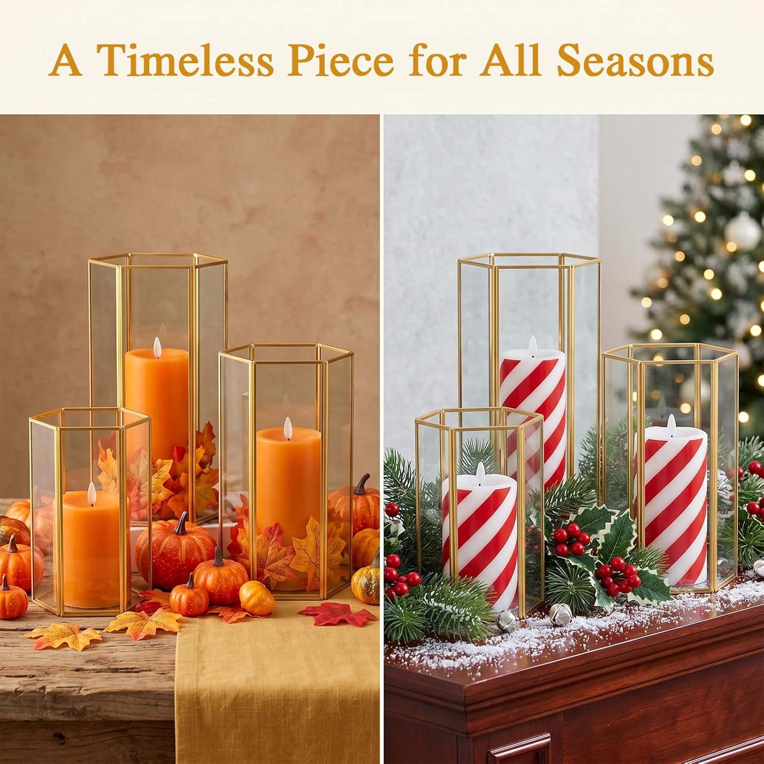 Glass Hurricane Candle Holder, Set of 3 Large Clear Hexagon Lanterns Pillar Candle Lantern with Gold Metal Frame Wedding Centerpiece Table Decor Home Decorations
